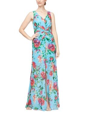 SLNY Floral Twist-Front Blue Maxi Dress